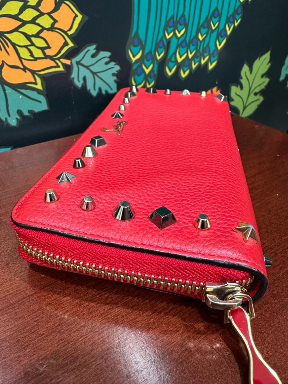 Christian Louboutin Red Studded Zip Around Wallet Leather Spike Star Continental - Picture 8 of 14